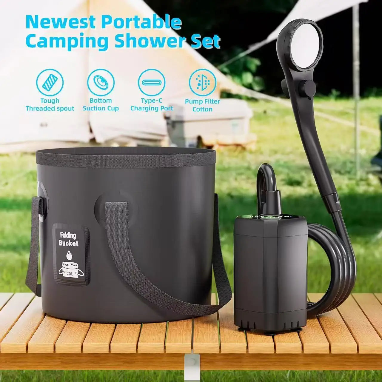 Portable Camping Shower Set Rechargeable Pump 6000mAh Outdoor Shower Kit with 20L