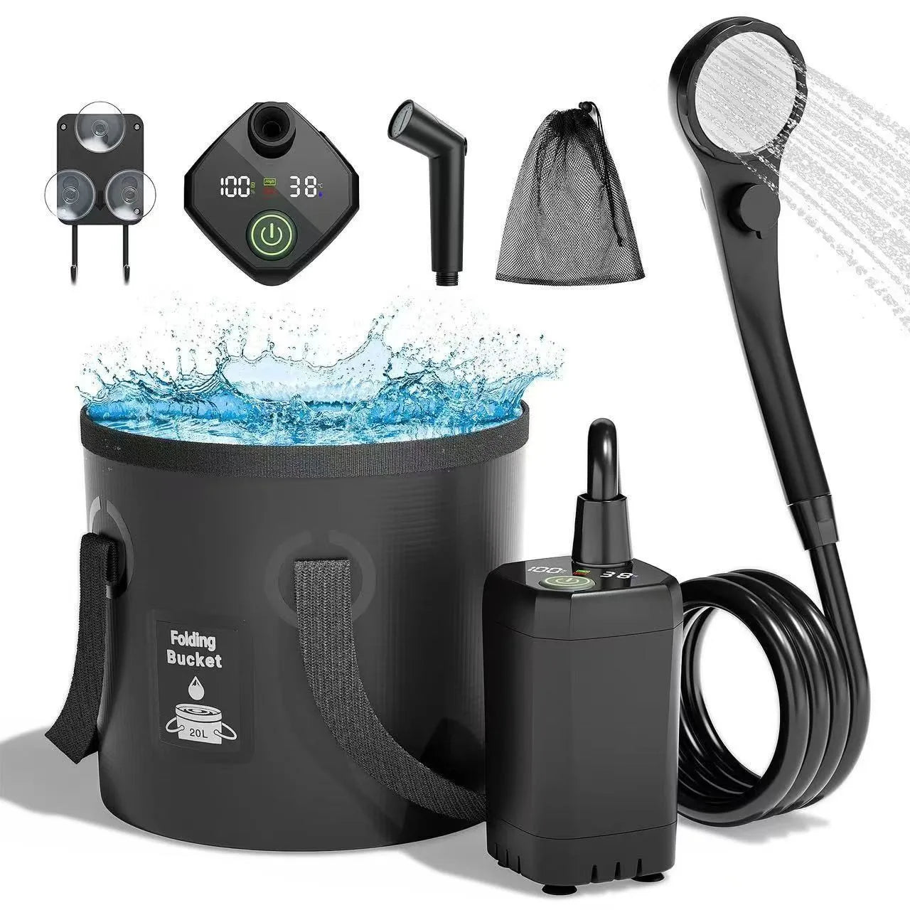 Portable Camping Shower Set Rechargeable Pump 6000mAh Outdoor Shower Kit with 20L
