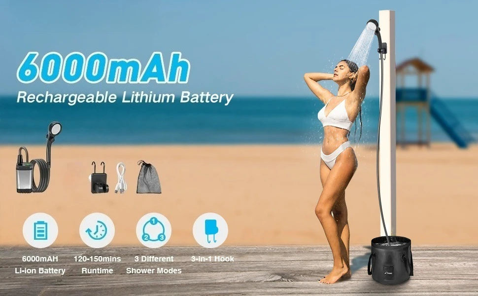 Portable Camping Shower Set Rechargeable Pump 6000mAh Outdoor Shower Kit with 20L