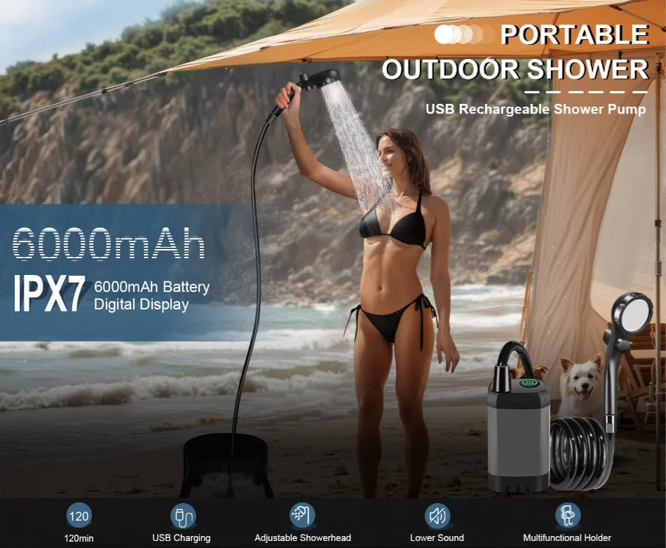 Portable Camping Shower Set Rechargeable Pump 6000mAh Outdoor Shower Kit with 20L