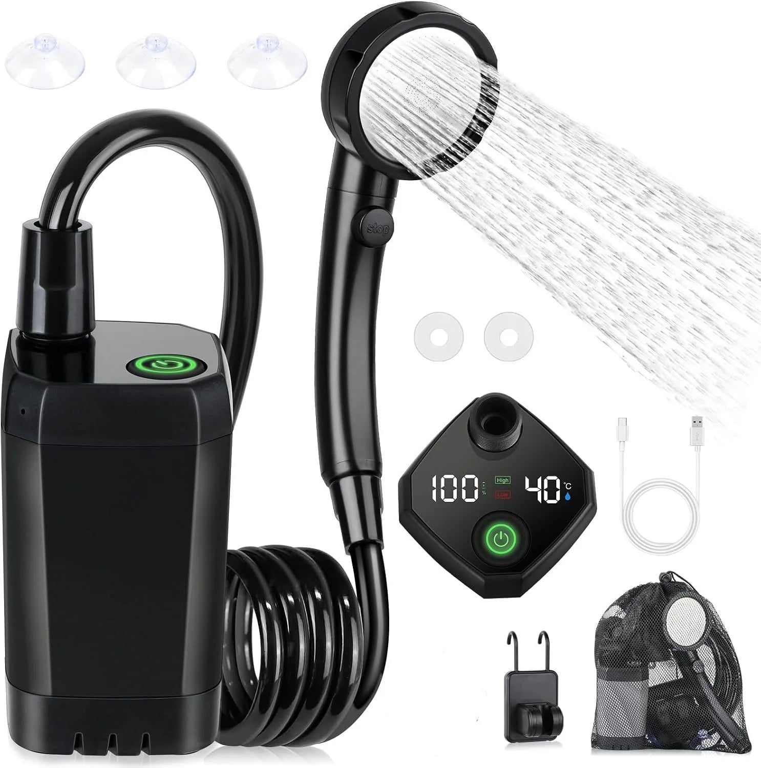 Portable Camping Shower Set Rechargeable Pump 6000mAh Outdoor Shower Kit with 20L