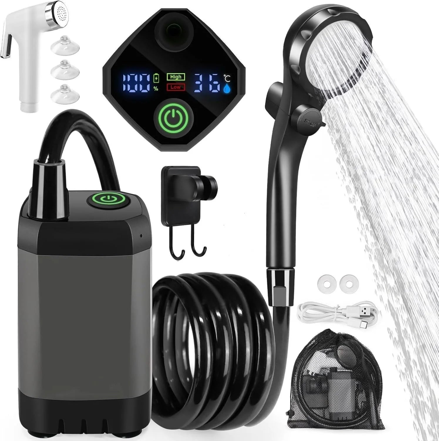Portable Camping Shower Set Rechargeable Pump 6000mAh Outdoor Shower Kit with 20L