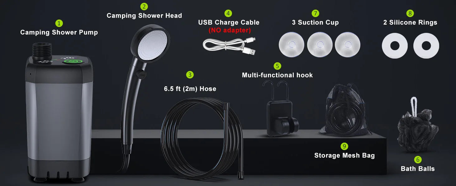 Portable Camping Shower Set Rechargeable Pump 6000mAh Outdoor Shower Kit with 20L