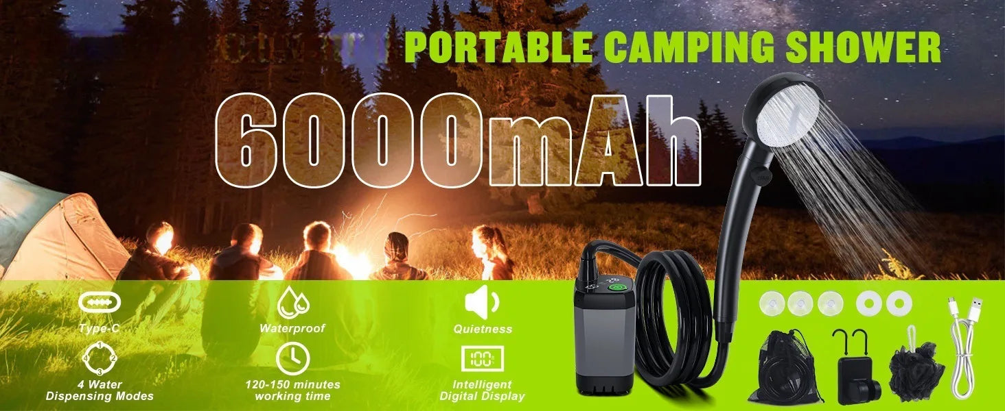 Portable Camping Shower Set Rechargeable Pump 6000mAh Outdoor Shower Kit with 20L