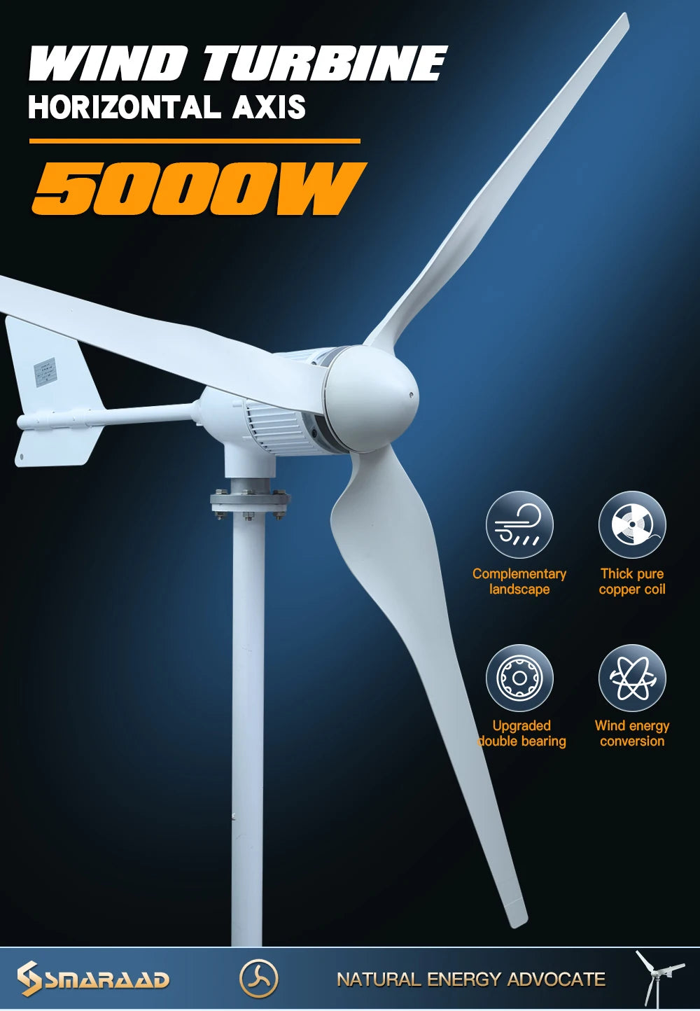 5000w 2kw Horizontal Wind Turbine Generator 96V 48V 24V Free Energy Magnetic Dynamo Strong Power 220v Inverter Output For Home
